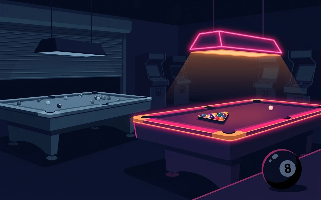 A dim, closed-up pool table beside a second pool table lit by a magenta neon lamp, with a black 8-ball in the foreground