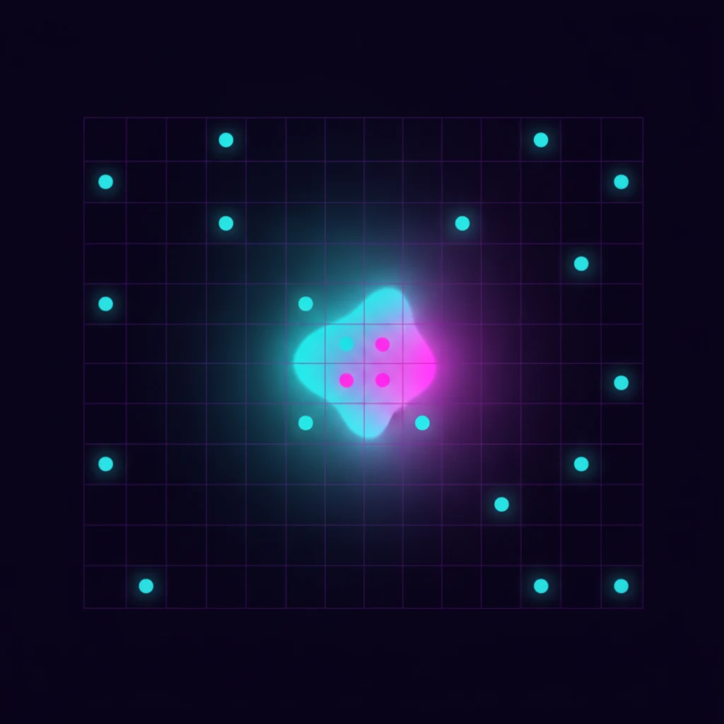 Neon 10x10 grid with a glowing central probability heatmap marking Battleship targeting hot zones