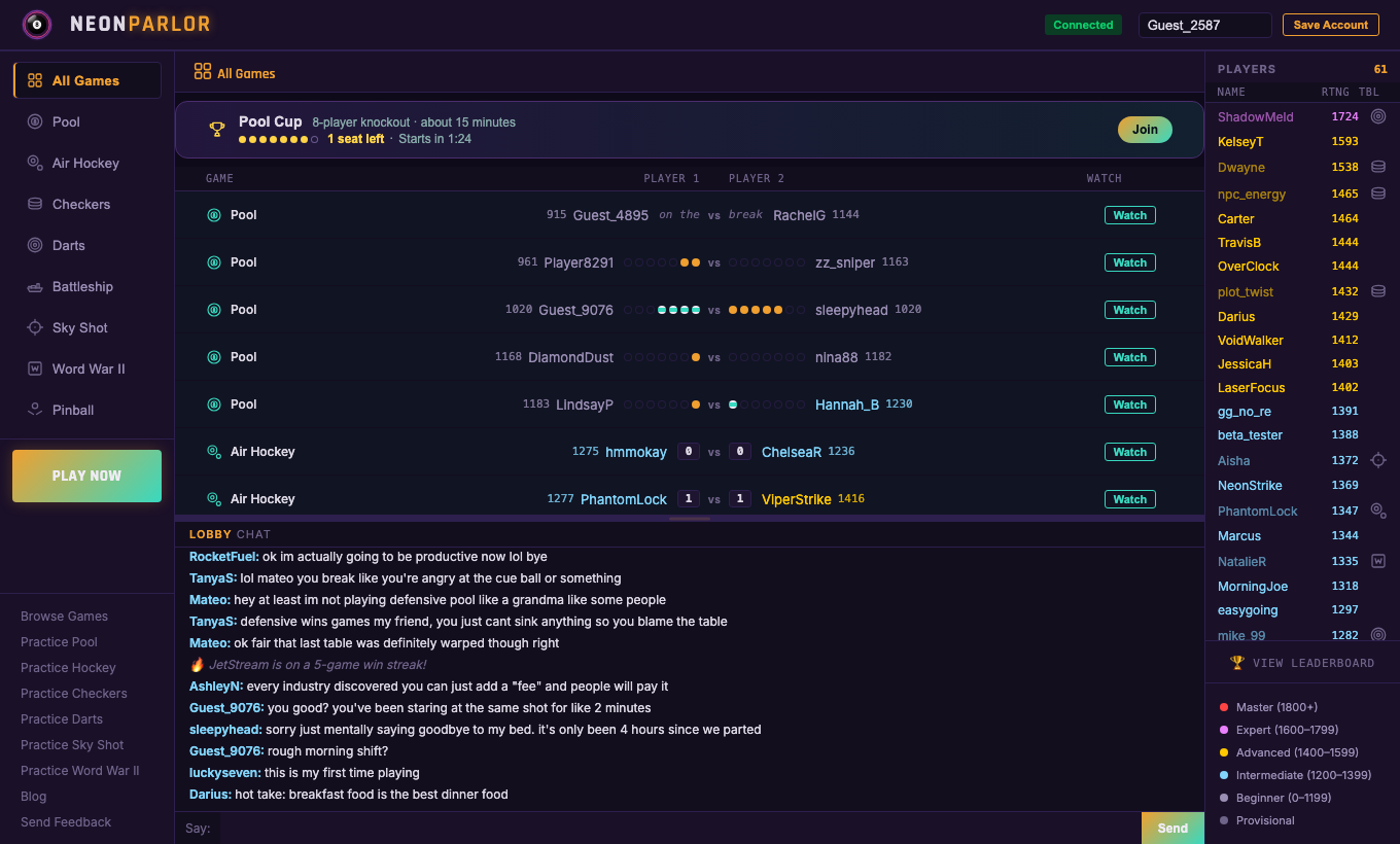 The Neon Parlor lobby: a list of pool tables with players and Watch buttons, a Pool Cup banner, the lobby chat, and the player list with ratings